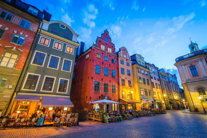 Colourful Stortorget bars restaurants at sunset