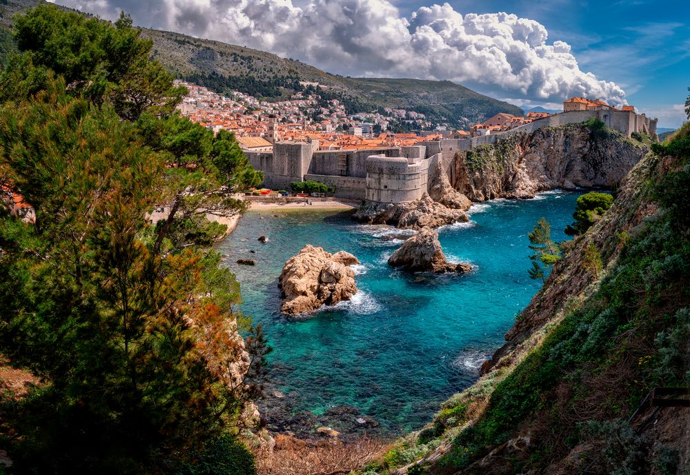 The fortified city walls and Adriatic coastline of Dubrovnik, Croatia.