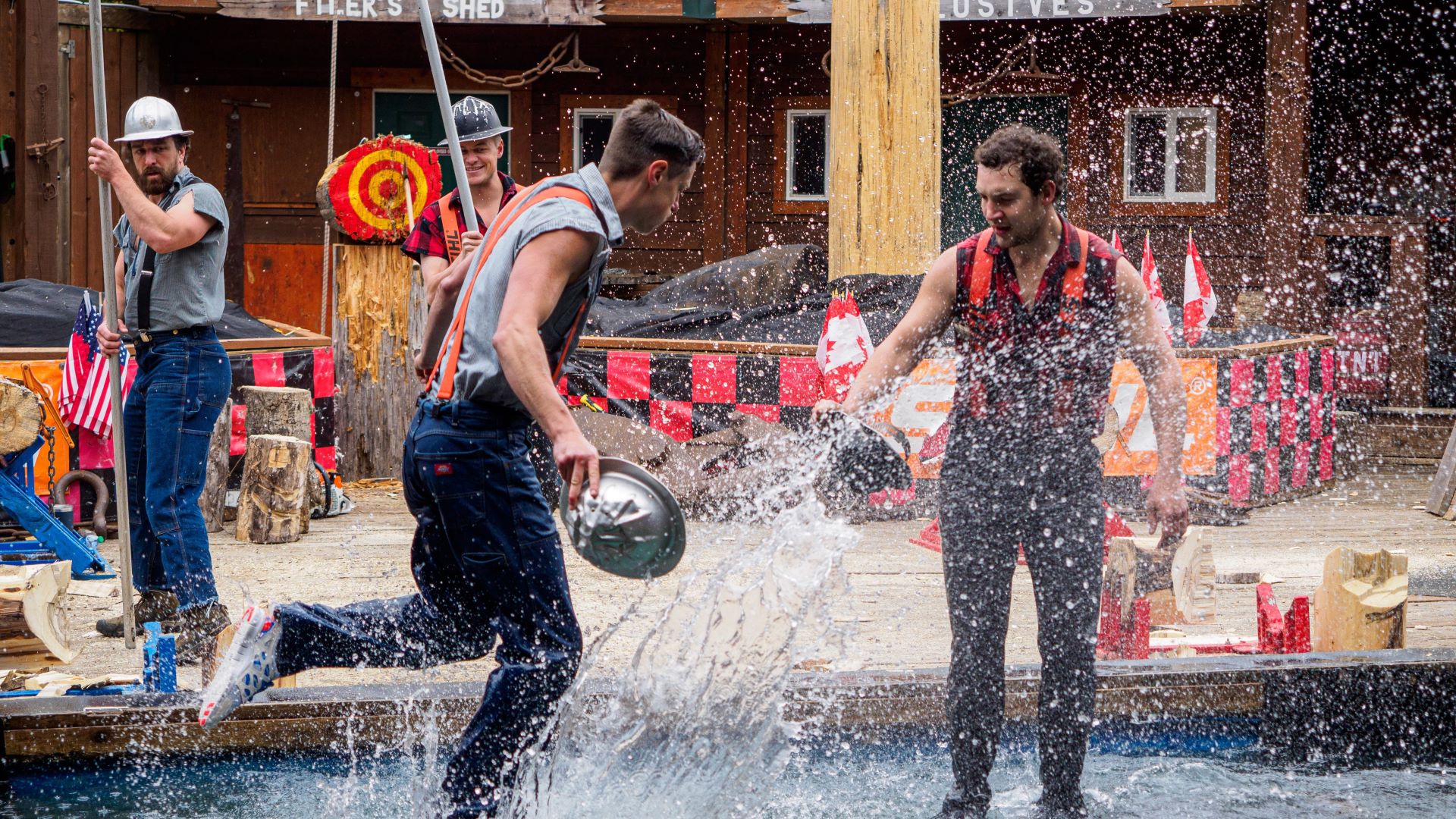 construction workers splashing in water