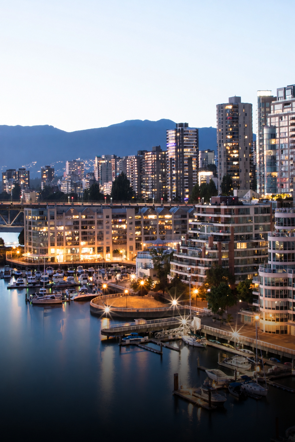 Vancouver skyline and False Creek at dusk