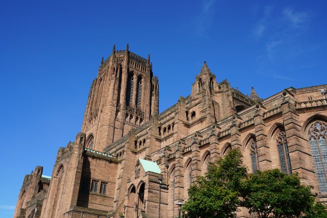 Sandstone exterior and tower of Liverpool Cathedral