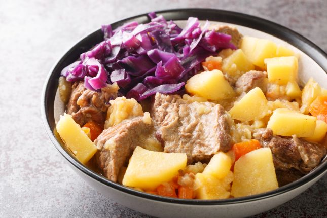 Traditional Liverpool Scouse with potatoes and cabbage