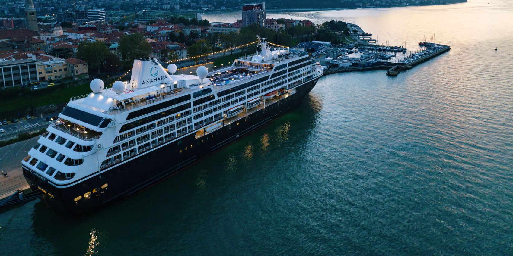 Aerial view of Azamara cruise ship docked in Koper