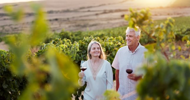 Couple sipping wine while walking through an Istrian vineyard near Koper