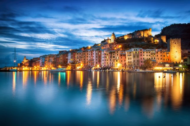 Portovenere waterfront illuminated in the evening