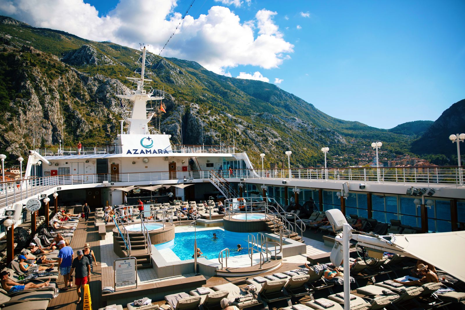 Pool deck view of cruise ship in Kotor
