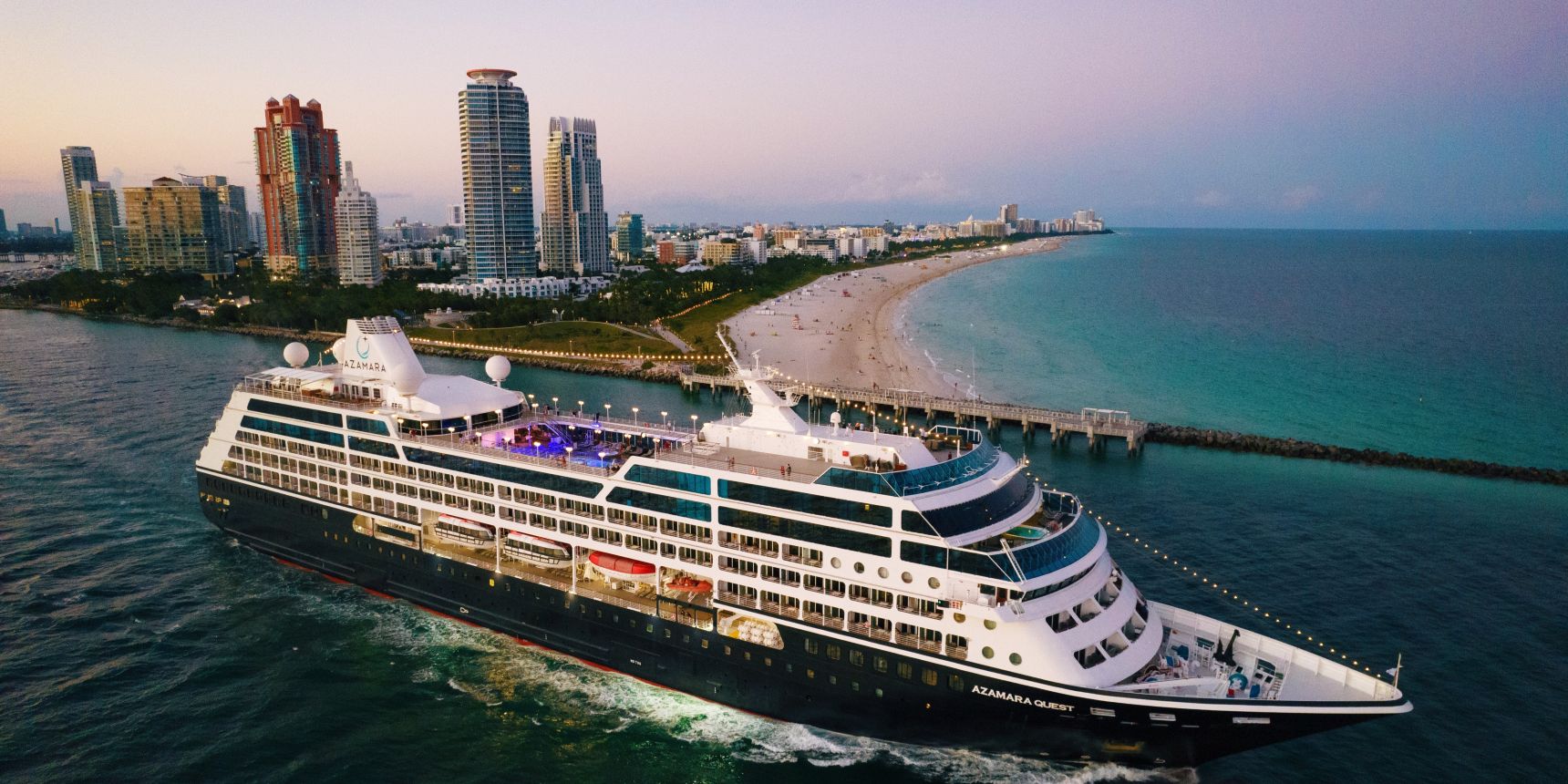 Cruise ship sailing away from port in Miami