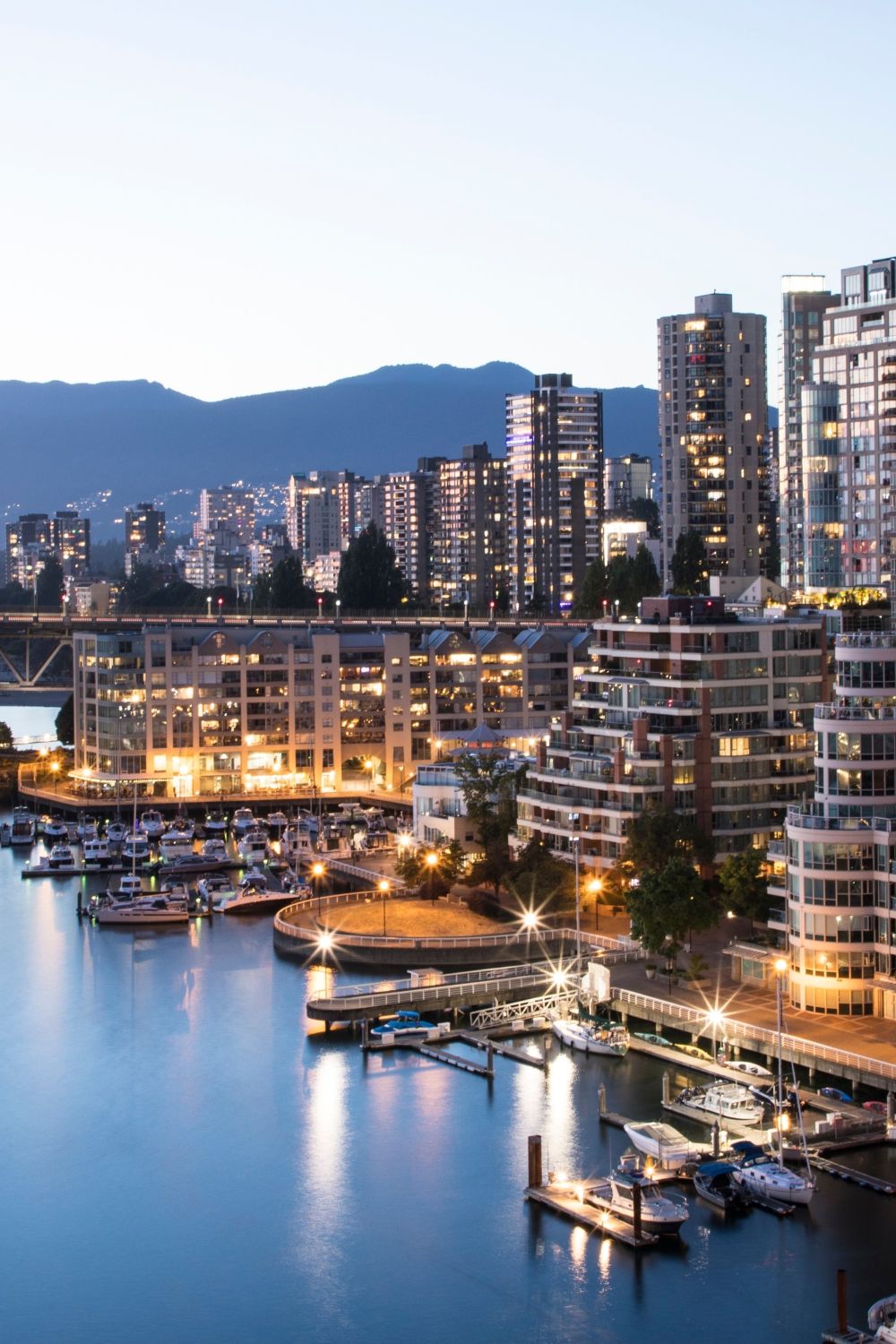 Vancouver skyline and False Creek at dusk