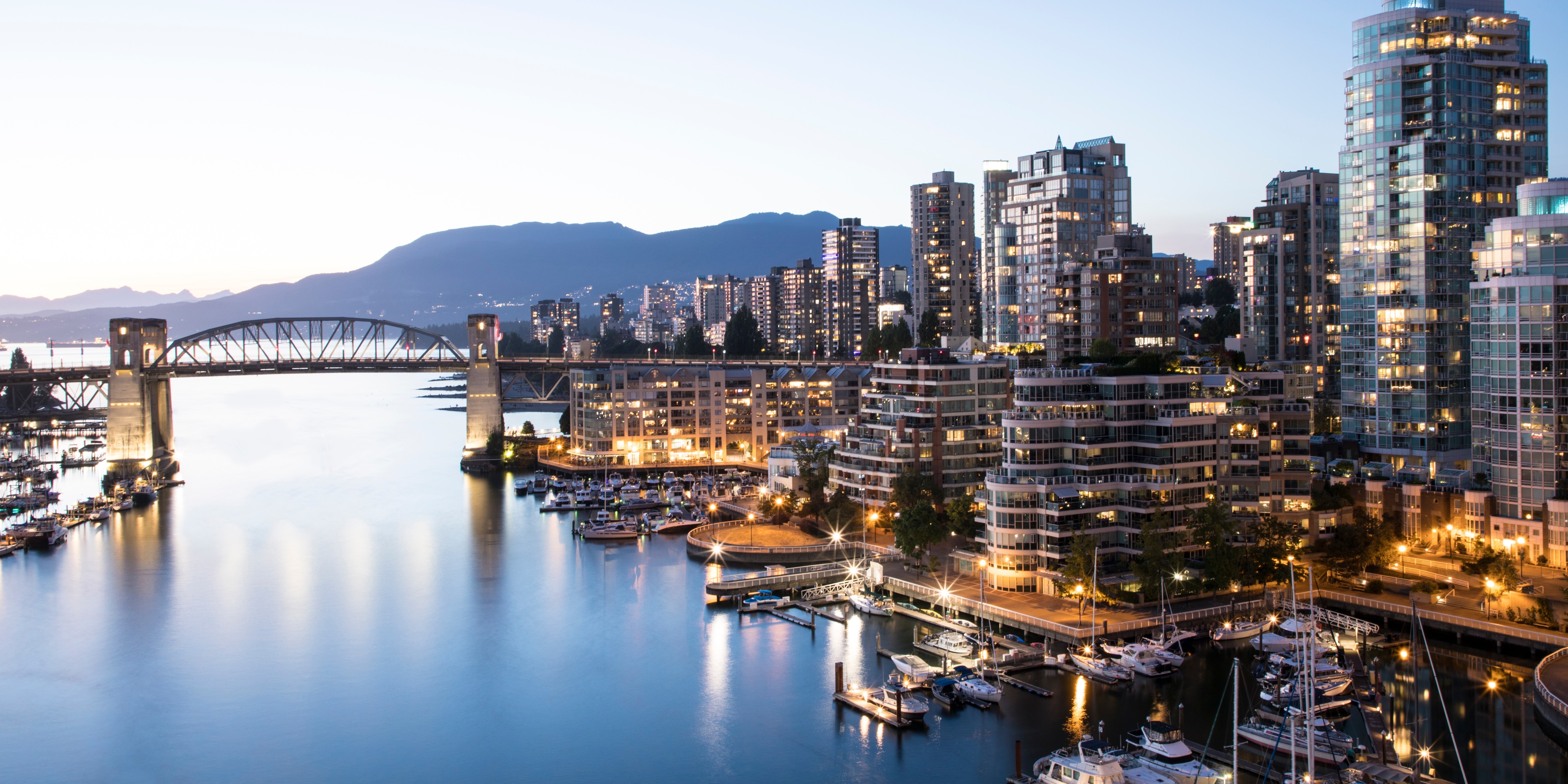 Vancouver skyline and False Creek at dusk