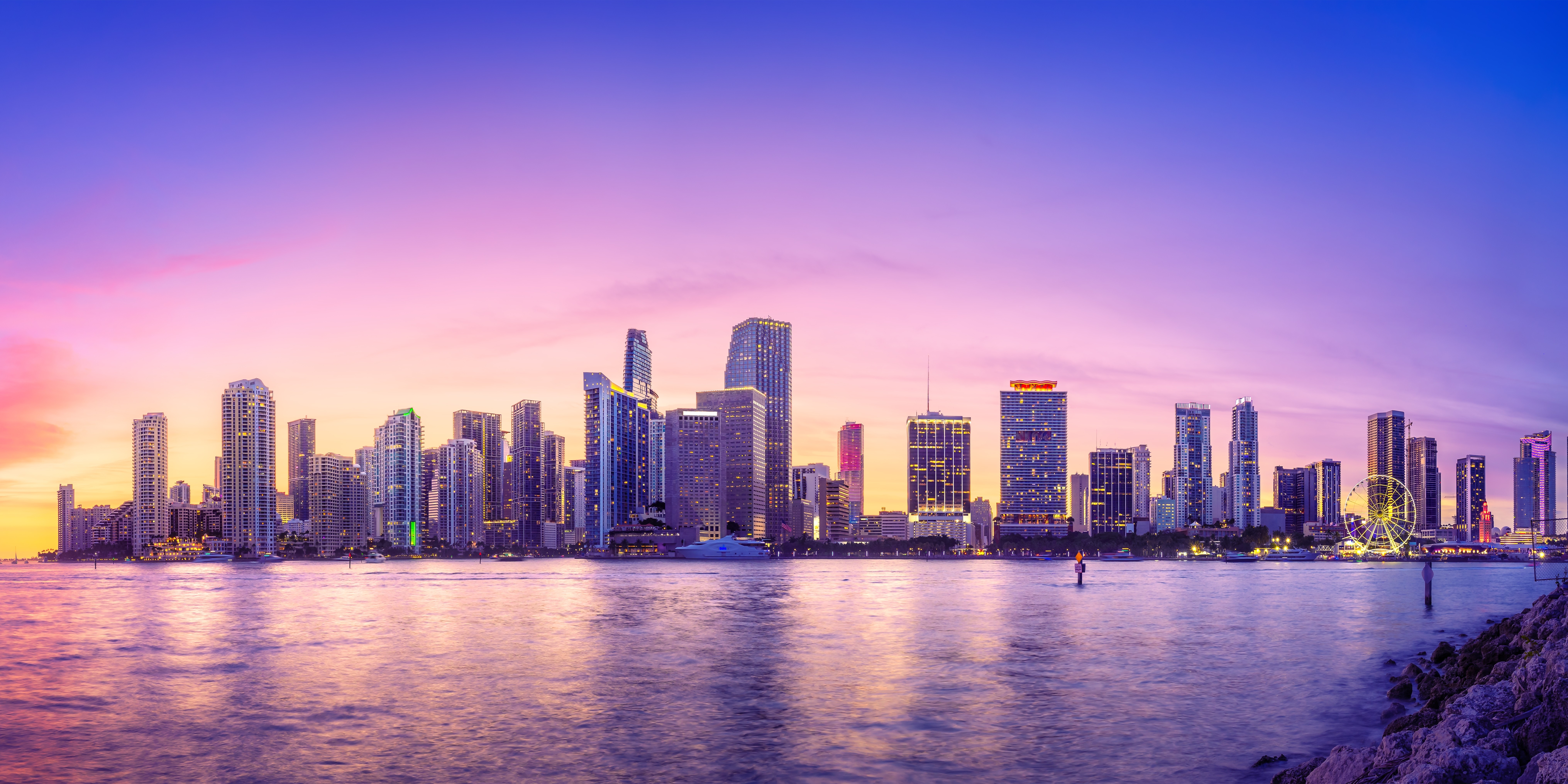 Miami skyline across Biscayne Bay at sunset