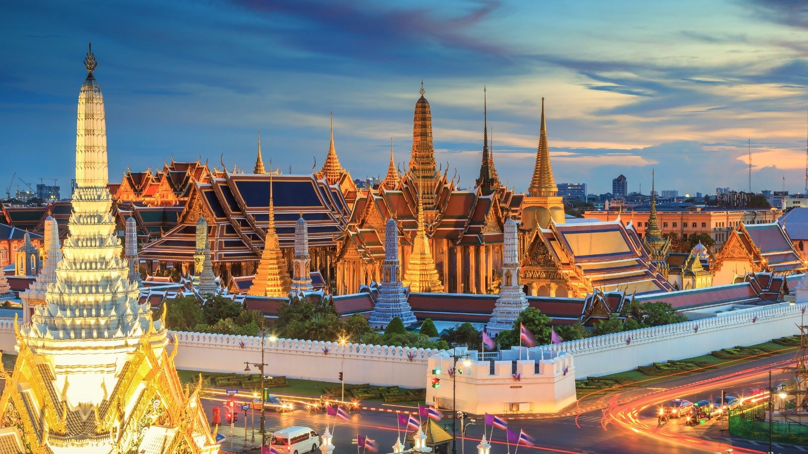 city street with temple at dusk