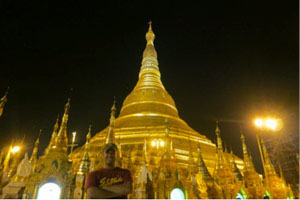 Lee at the Shwedagon Pagoda at night in Yangon, Myanmar