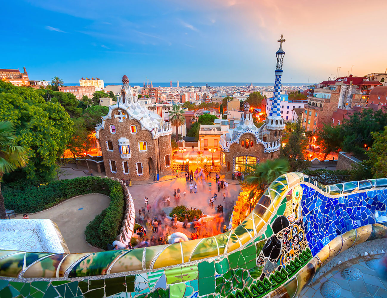 Parc Guell in Barcelona, Spain, at sunset.