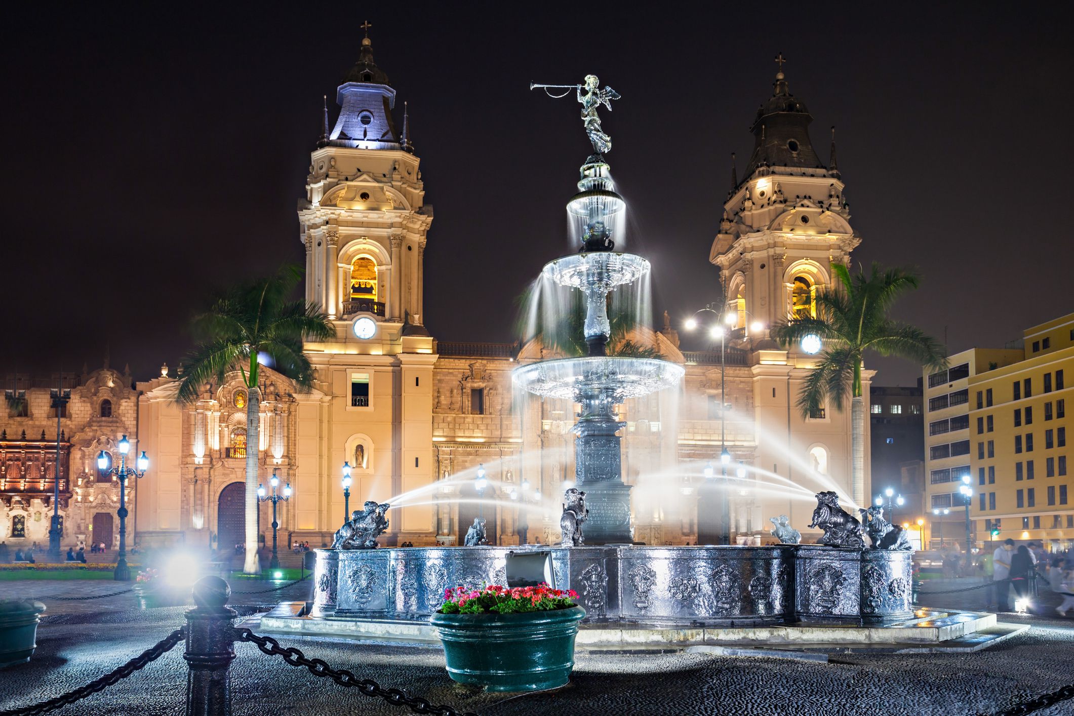 A fountain in Lima, Peru illuminated on a beautiful evening