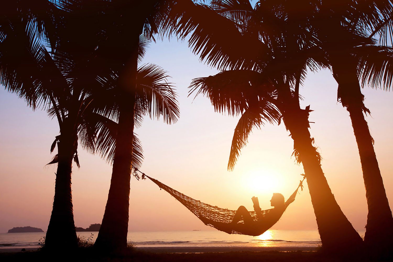 A lady reads a book while laying a hammock at sunset