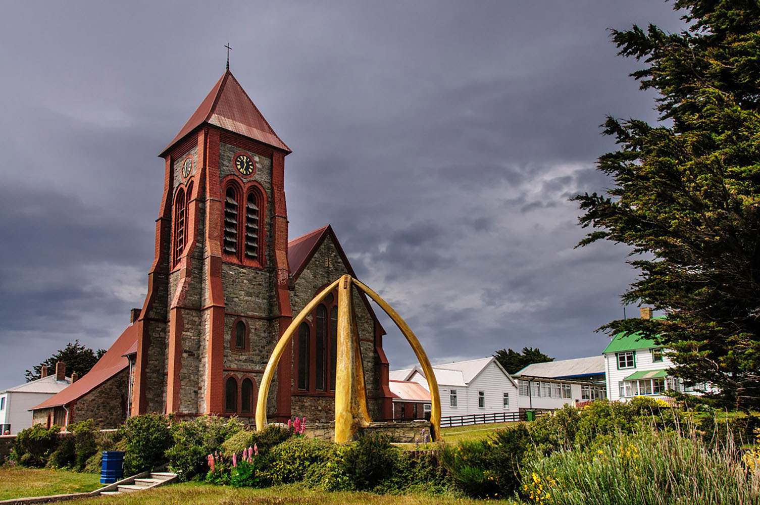 The whale bone monument outside Christ Church Cathedral in Port Stanley, Falkland Islands