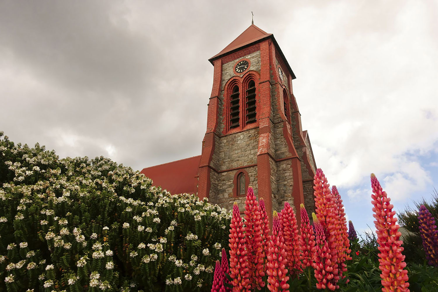 Christ Church Cathedral in Port Stanley, Falkland Islands on a cloudy day