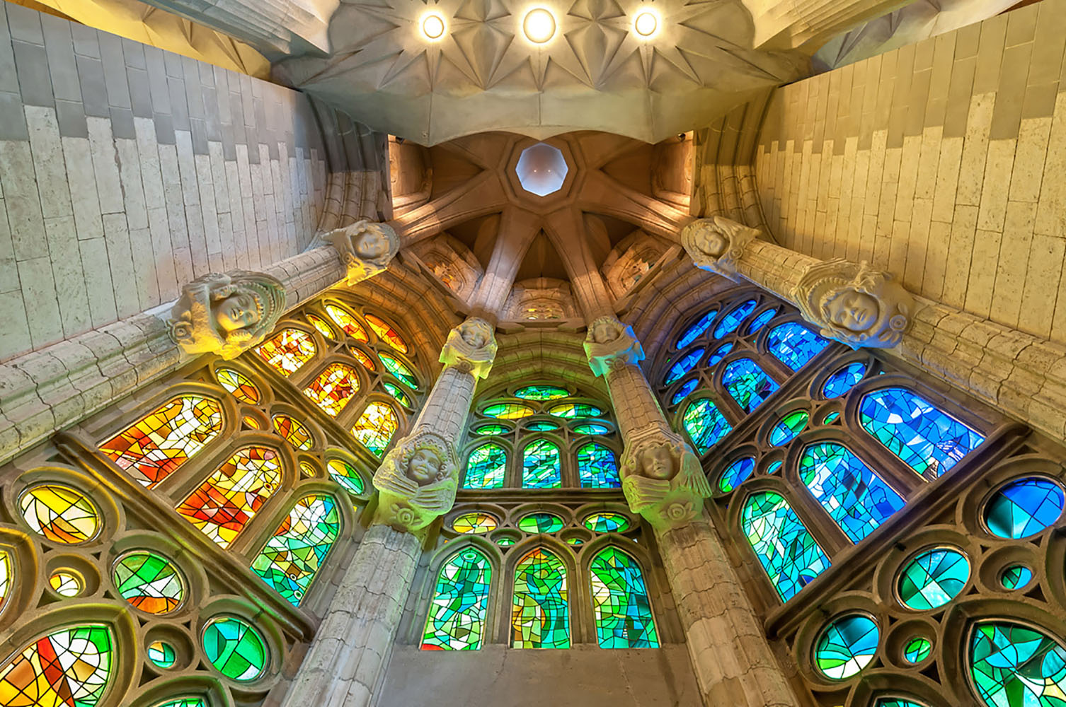 The colorful stained-glass windows of Sagrada Familia