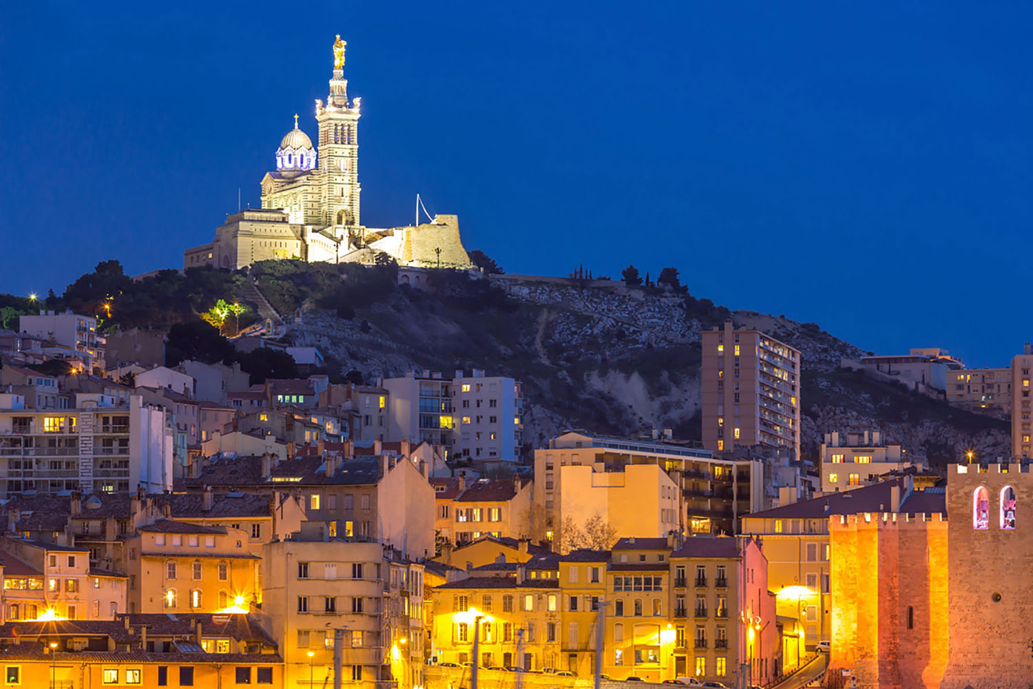 The hilltop Notre-Dame de la Garde basilica in Marseilles, France.