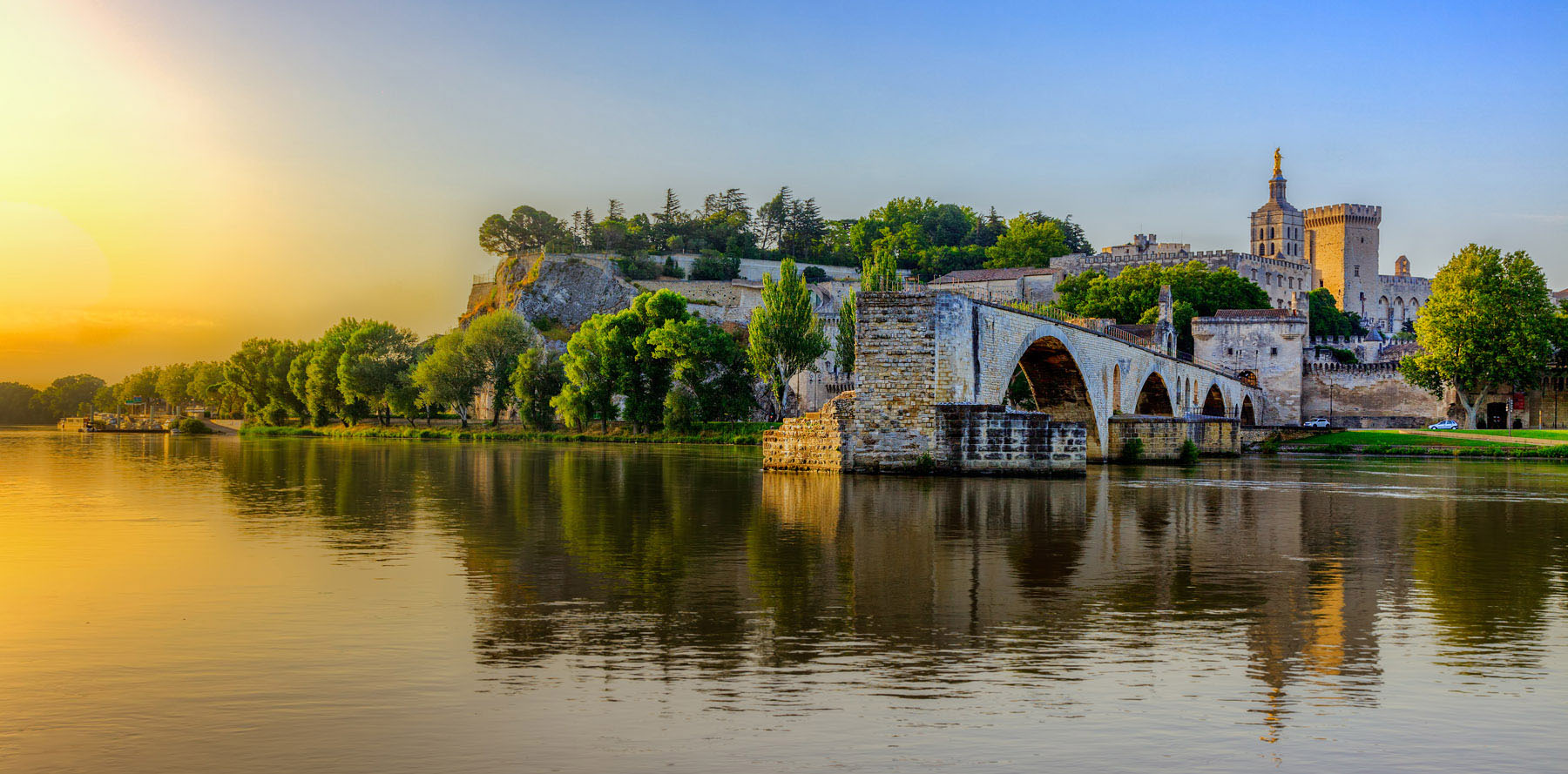 A view of the Avignon Bridge and Popes Palace in Pont Saint-Benezet, Provence, France