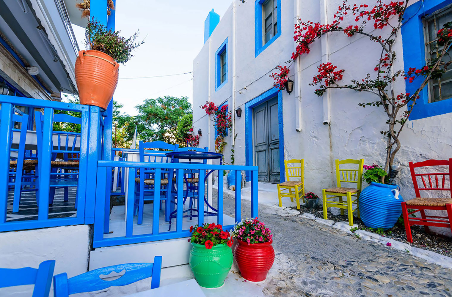 Beautiful street with flowers in the old town of Kos, Greece