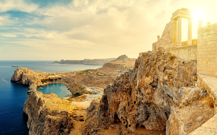 Acropolis of Lindos on the island of Rhodes at sunset