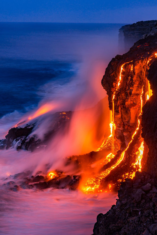 Lava flows into the ocean on Big Island in Hawaii