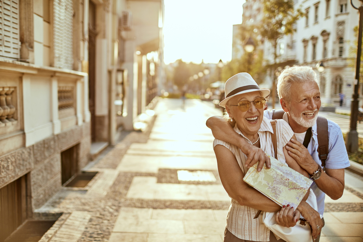 Close up of a senior couple exploring the city