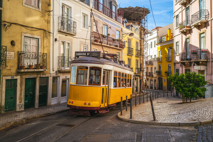 A tram on line 28 in Lisbon, Portugal