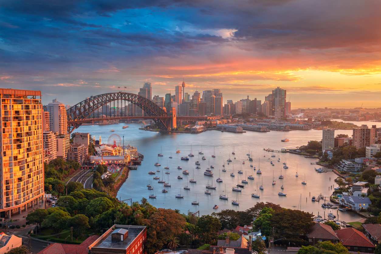Sydney, Australia with Harbour Bridge and skyline during sunset.