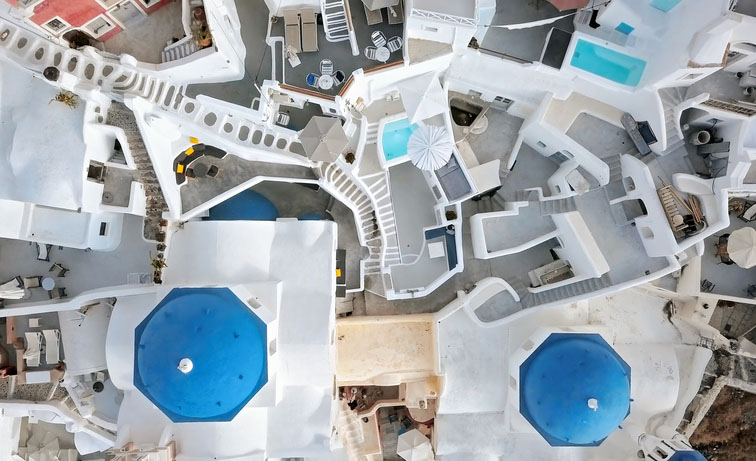 Top aerial of Oia town, Santorini