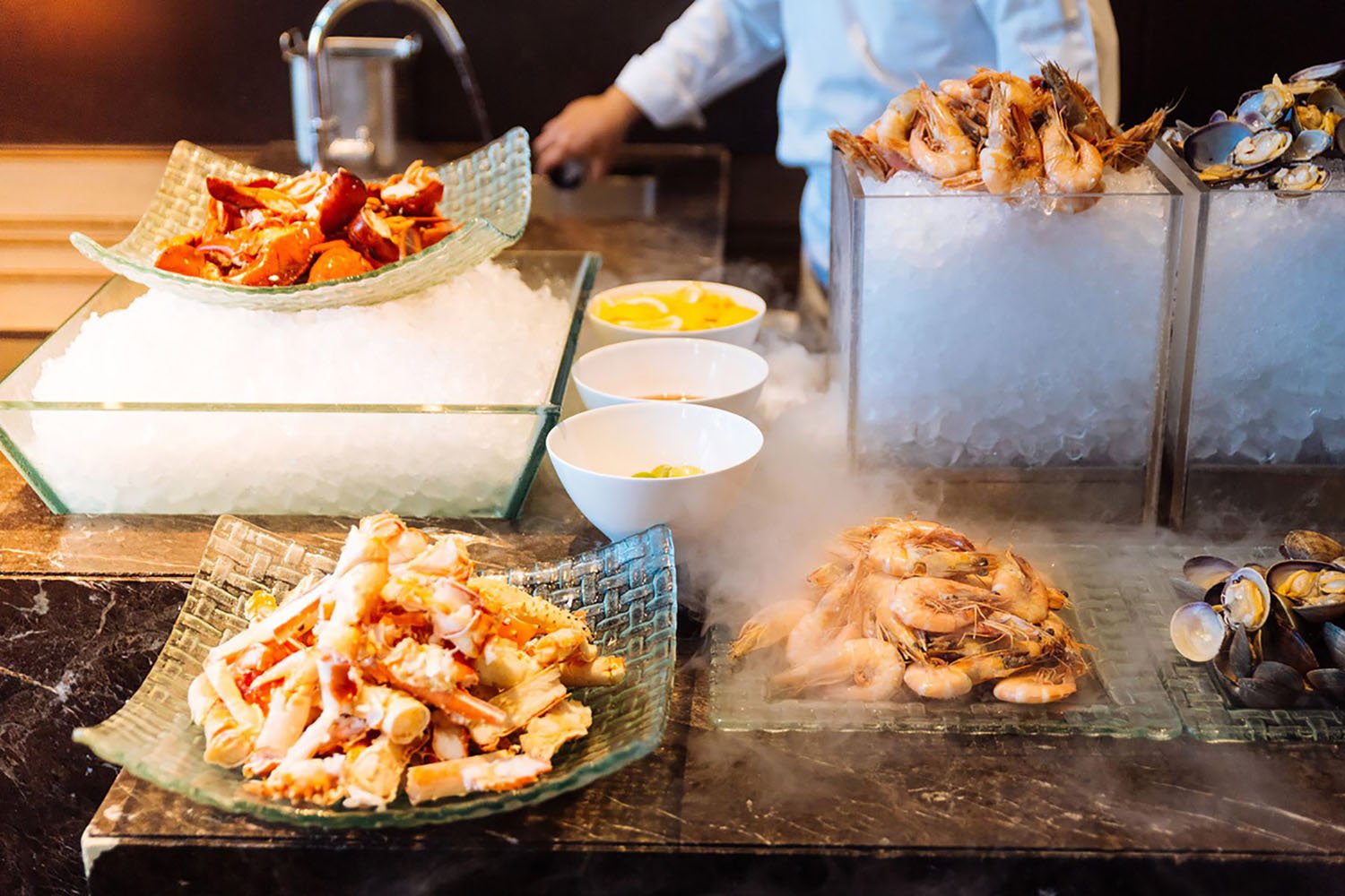 Fresh Seafood buffet line including Alaska king crab in Alaska