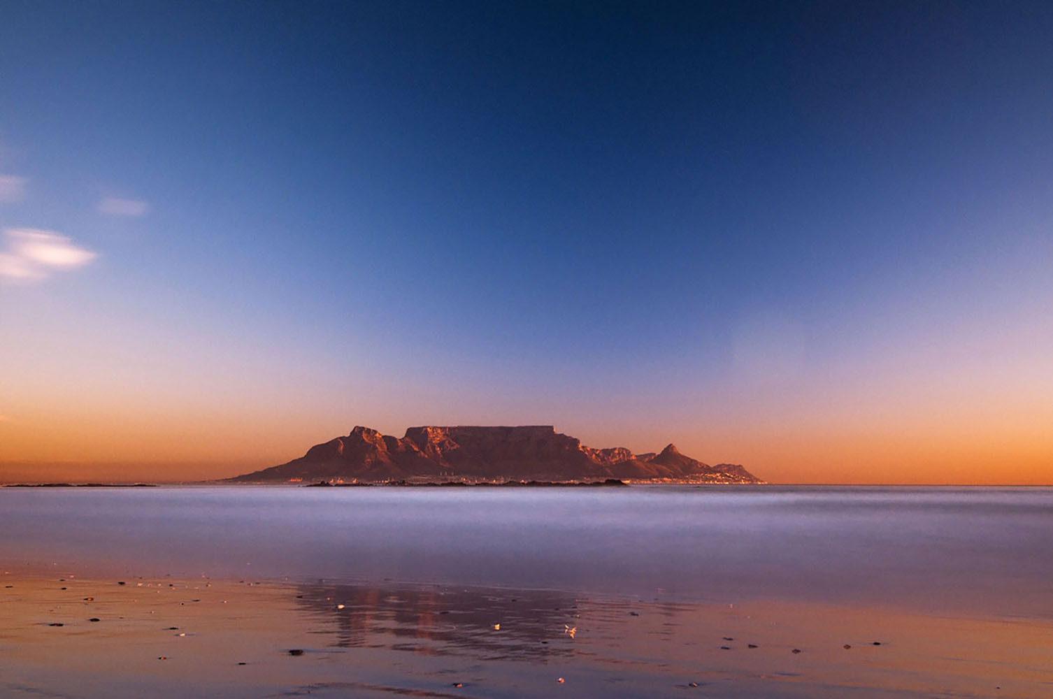 A view of Table Mountain at sunset in Cape Town.