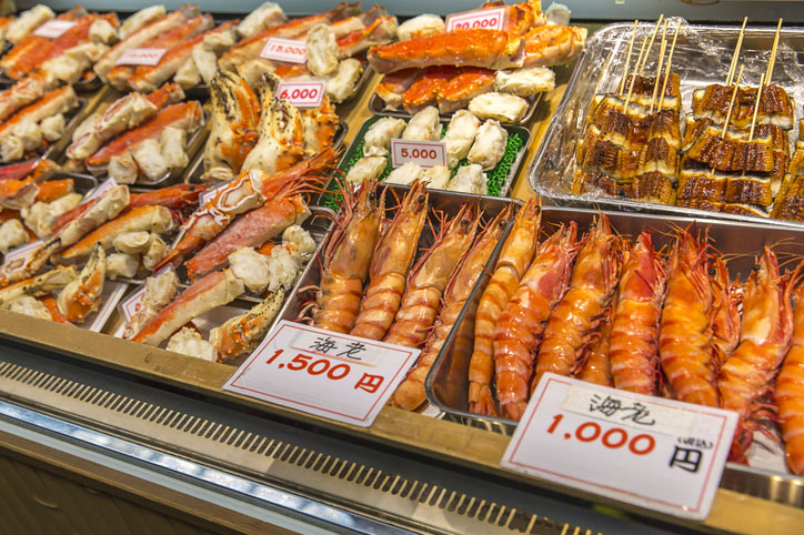 Fresh seafood at Kuromon Ichiba in Osaka, Japan