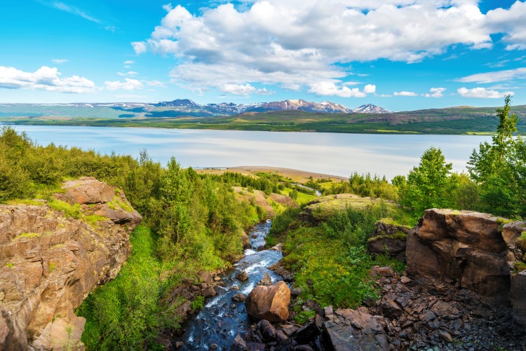 Lagarfljot lake in Eastern Iceland, the mountain landscape of Fljotsdalsherad in the background