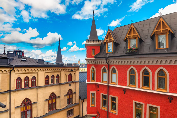 Beautiful bright houses with turrets in district Sodermalm in Stockholm, Sweden