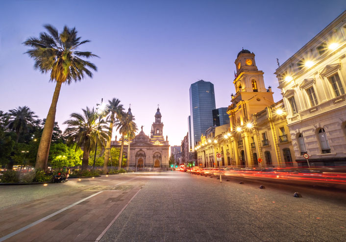 Plaza de Armas Square and Santiago Metropolitan Cathedral in Chile at night 