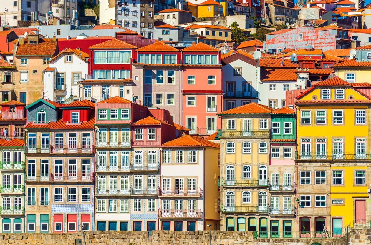 Rows of colorful buildings in the traditional architectural style in Porto