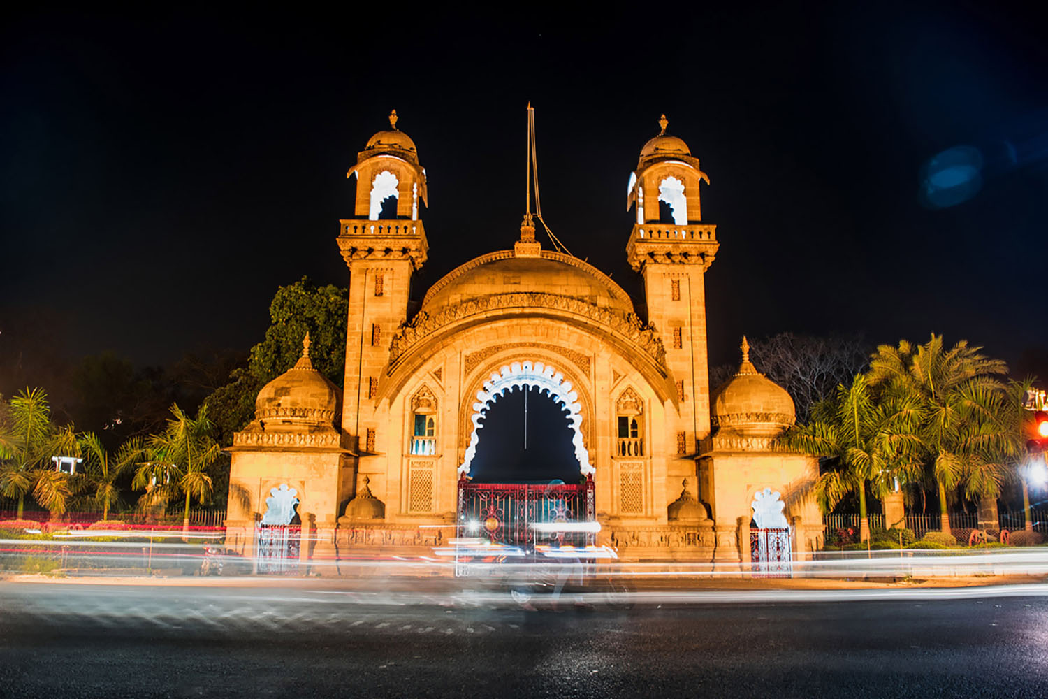 Heritage gate of Rajmahal (Laxmi Vilas Palace) in Vadodara, Gujarat at night