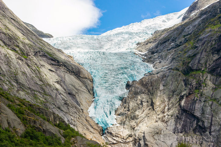 Briksdalsbreen glacier with melting blue ice