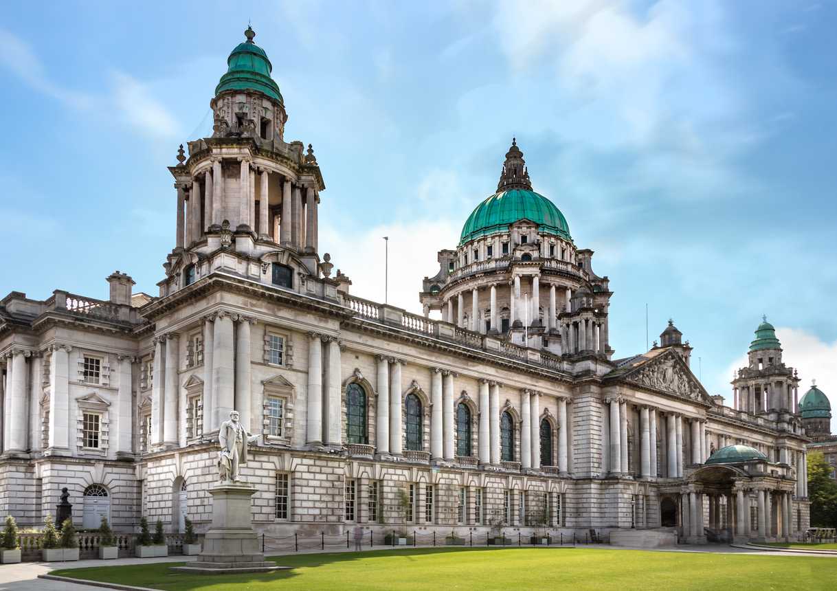 Perspective view of the Belfast City Hall at Donegall Square, Northern Ireland, UK.