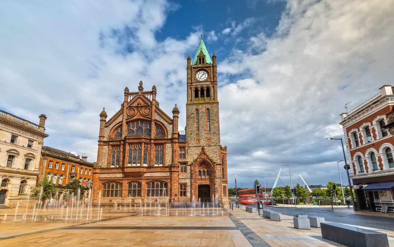 The Guildhall with the Peace Bridge in Londonderry / Derry, Northern Ireland