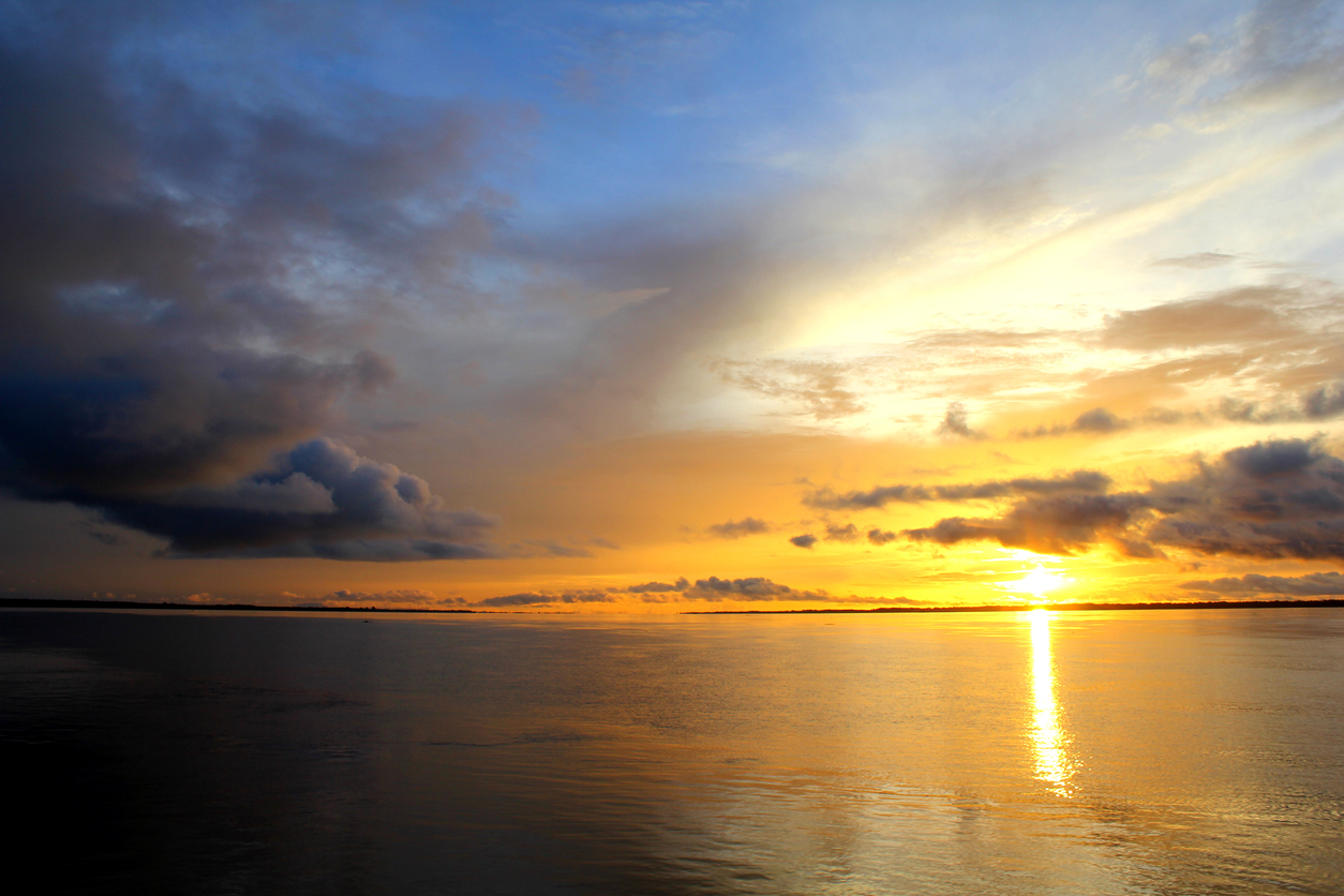 Beautiful sunset over the Amazon River near the city of Santarem, Para, Brazil.