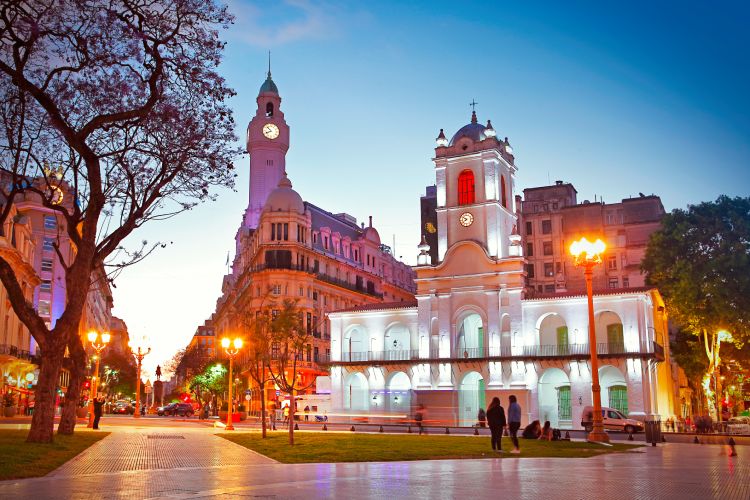 Old colonial town hall at The Plaza de Mayo by twilight