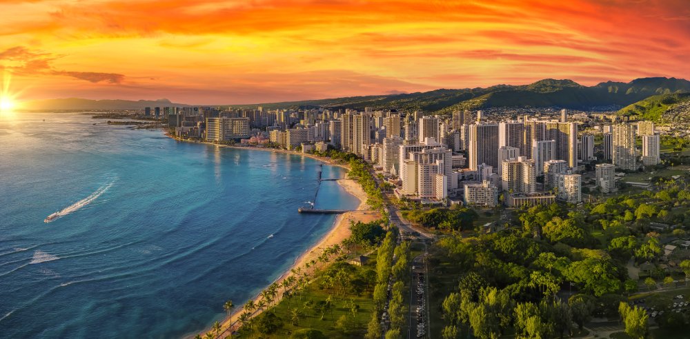 Honolulu with a vibrant red sunset