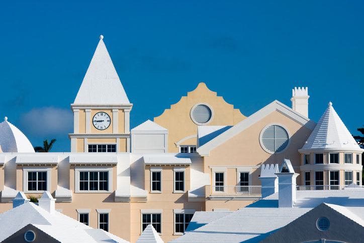 Bermudian architecture along the waterfront of Hamilton, Bermuda.