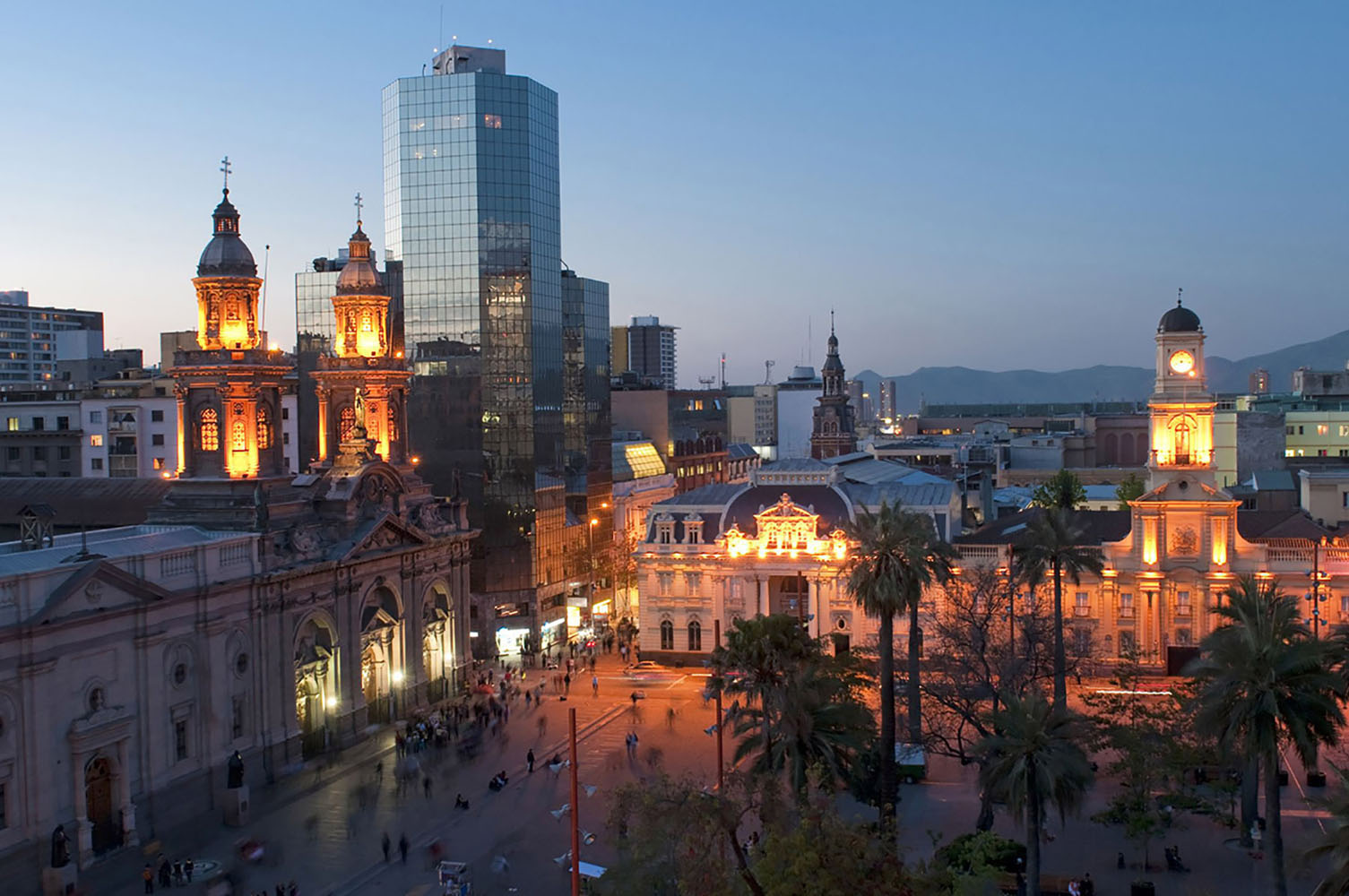 Plaza de Armas at sunset in Santiago, Chile