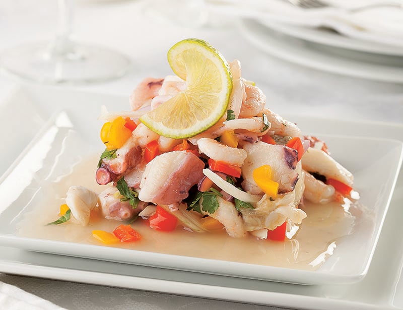 A colorful plate of ceviche, a beloved Peruvian dish