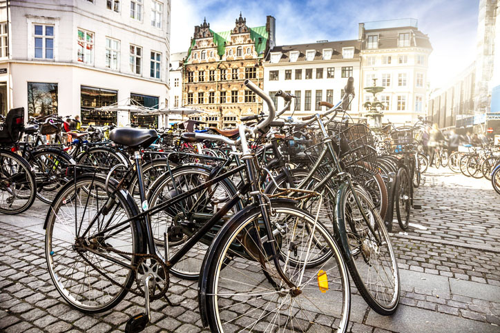 A Copenhagen town square with bicycles parked
