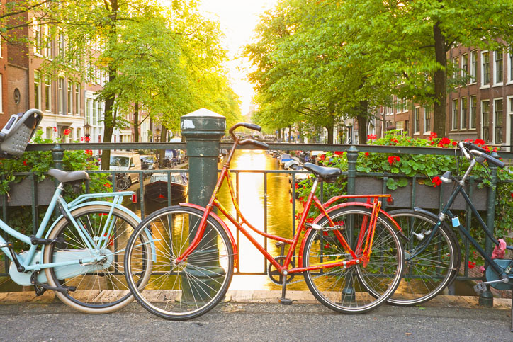 Bikes on the bridge in Amsterdam Netherlands